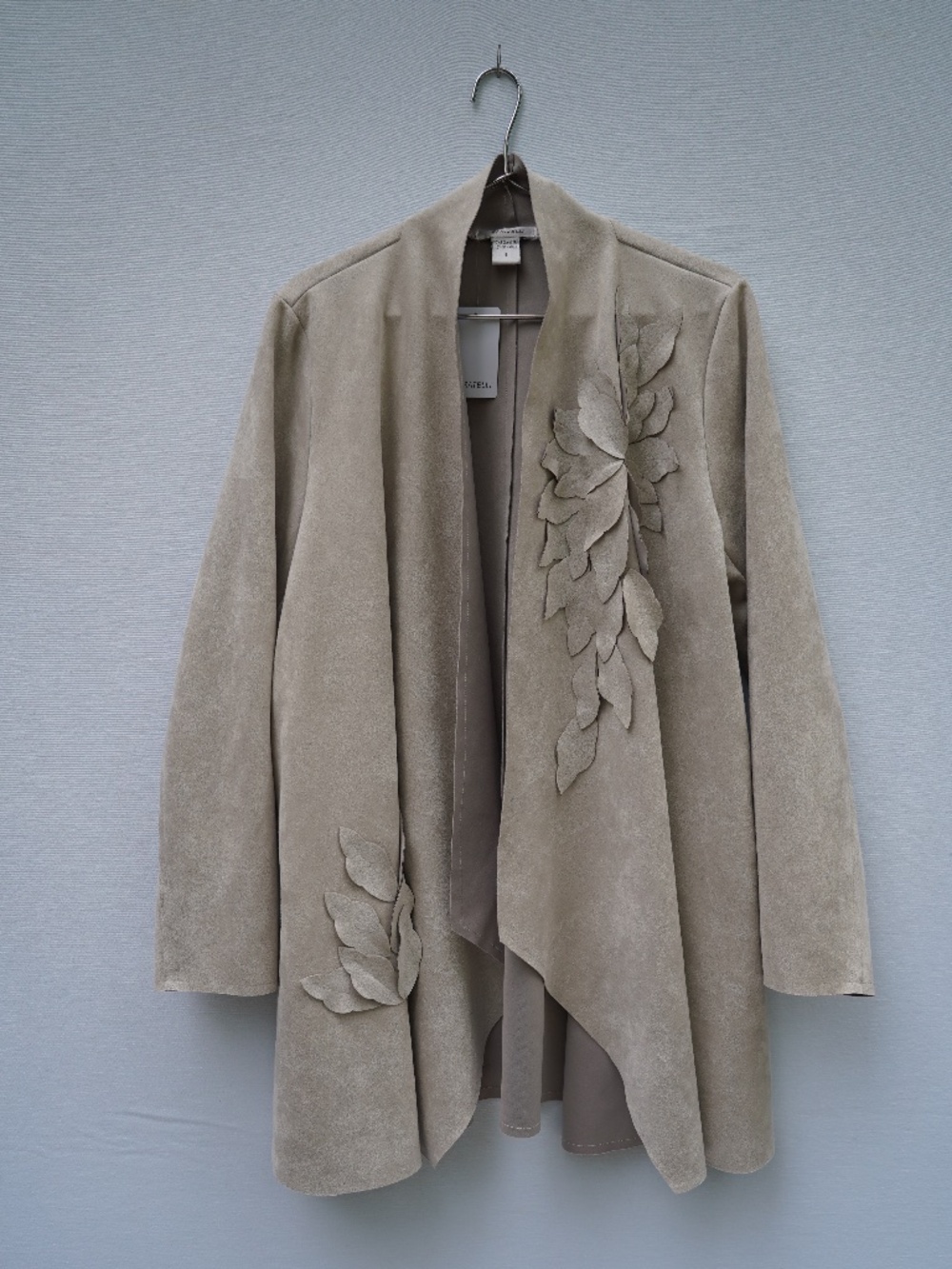Feratelli Grey Faux Suede Open Front Jacket with Floral Applique